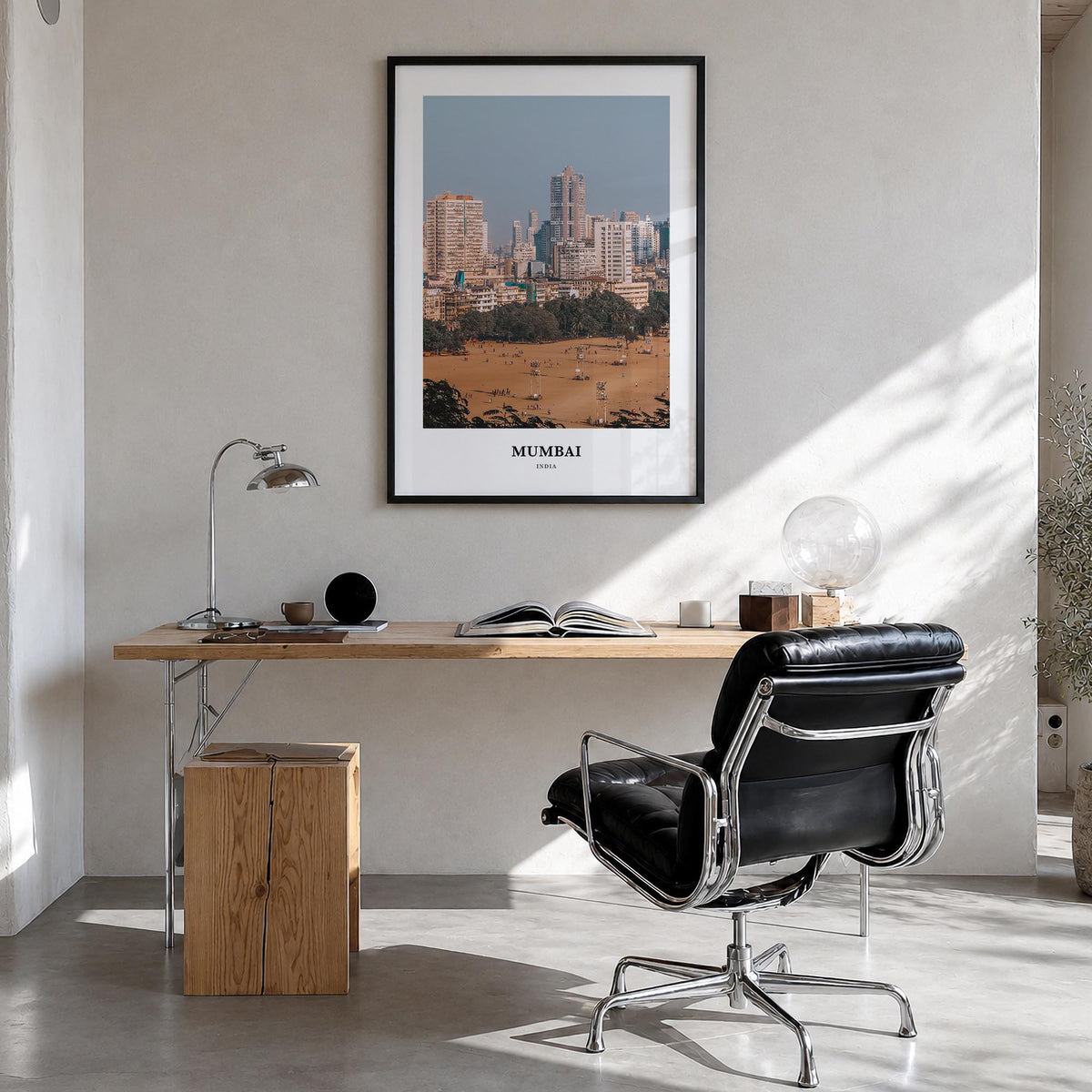 Mumbai colorful classic poster of India – vertical wall art in black wood frame, hanging on wall