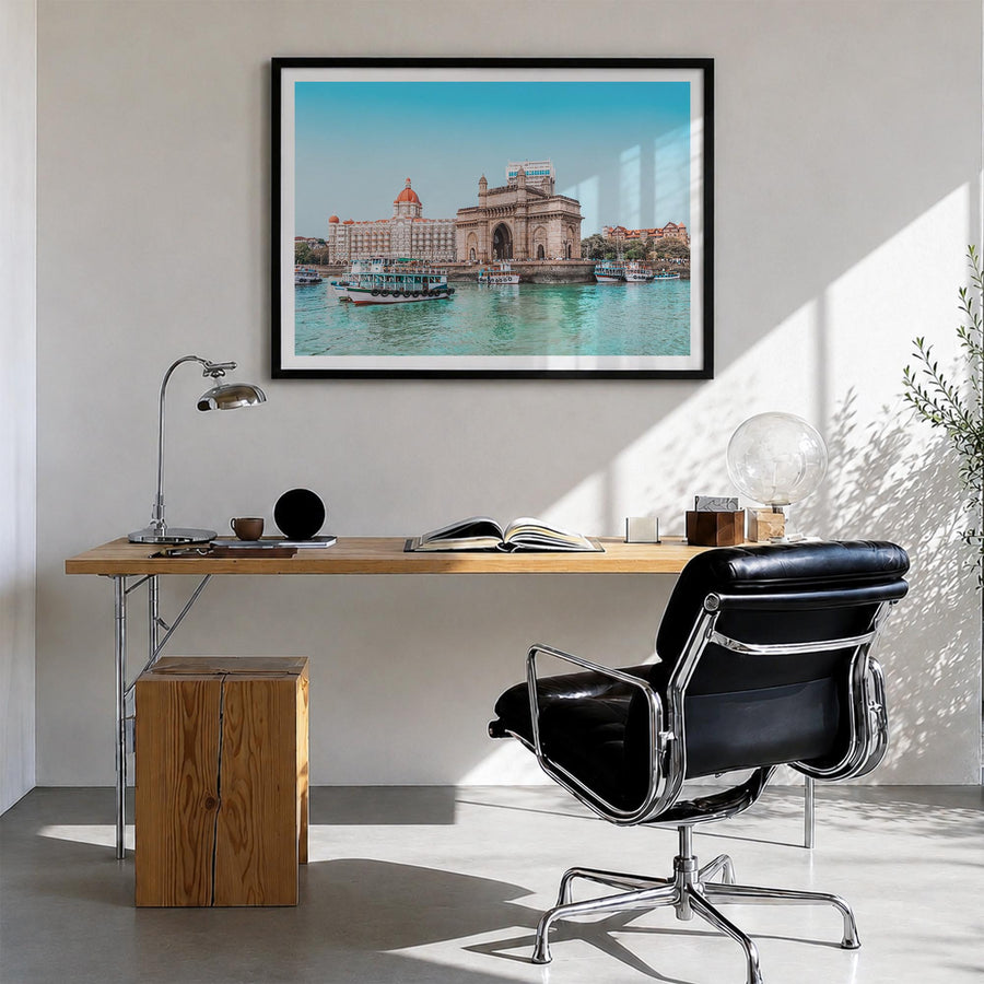 Mumbai colorful photo poster of India – horizontal wall art in black wood frame with white border, hanging on wall