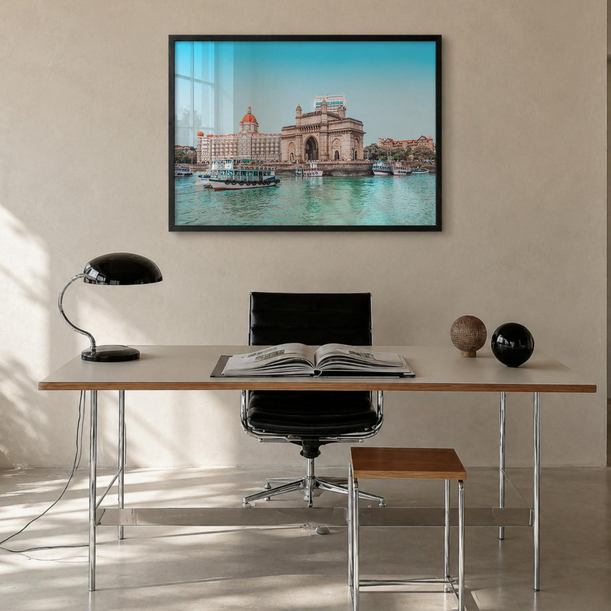 Mumbai colorful photo poster of India – horizontal wall art in black wood frame, hanging on wall