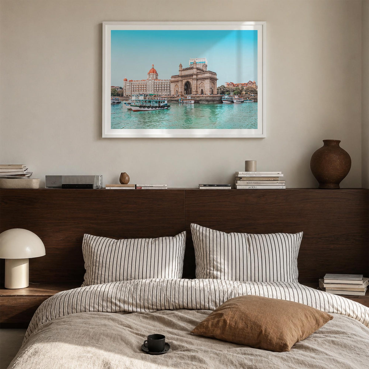 Mumbai colorful photo poster of India – horizontal wall art in white wood frame with white border, hanging on wall
