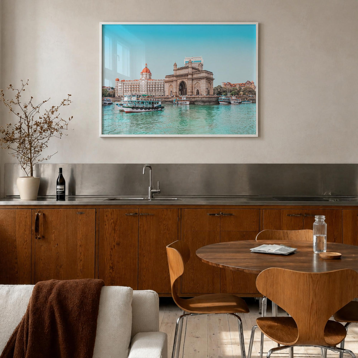 Mumbai colorful photo poster of India – horizontal wall art in white wood frame, hanging on wall