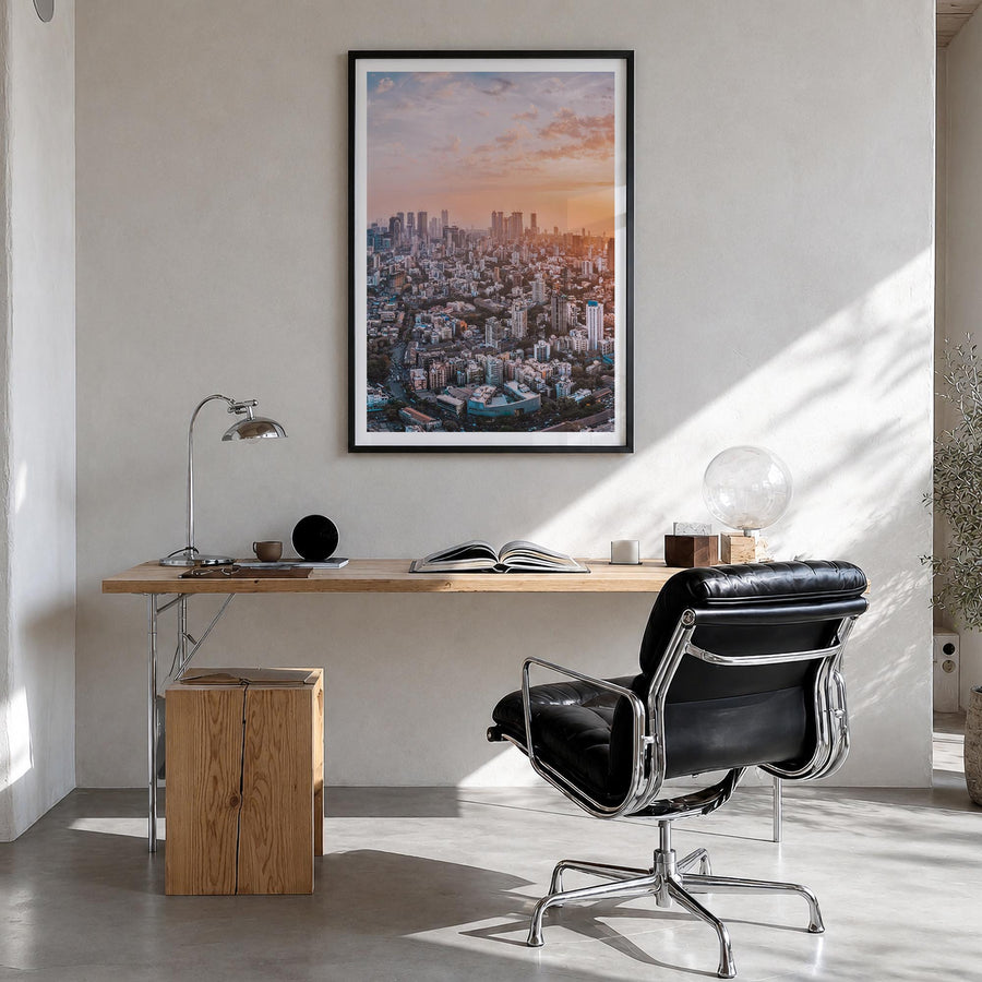 Mumbai no. 1 colorful photo poster of India – vertical wall art in black wood frame with white border, hanging on wall
