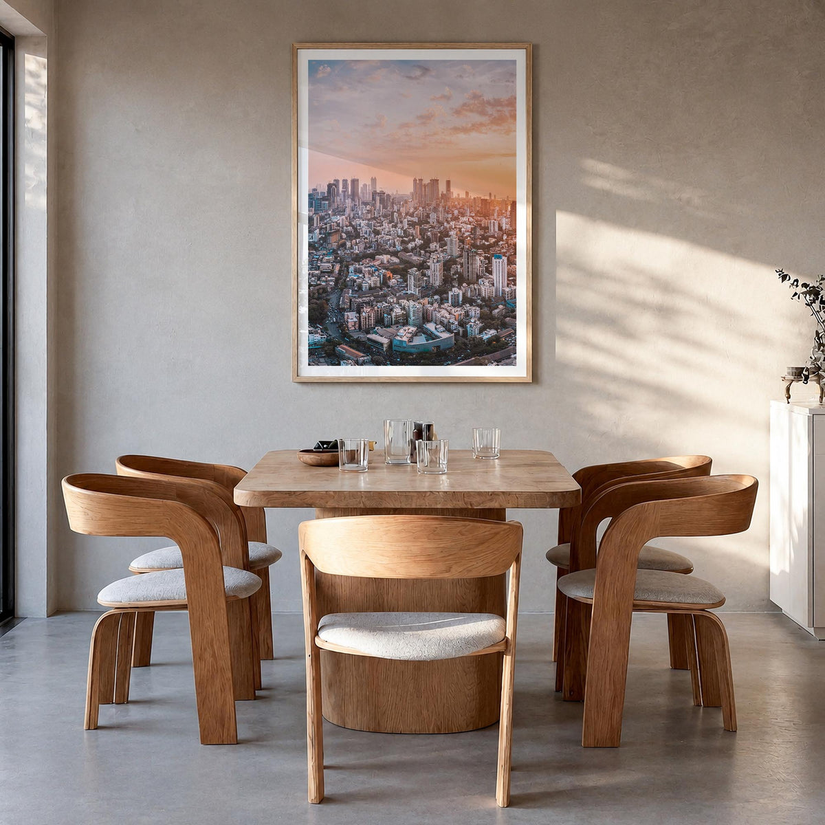 Mumbai no. 1 colorful photo poster of India – vertical wall art in natural wood frame with white border, hanging on wall