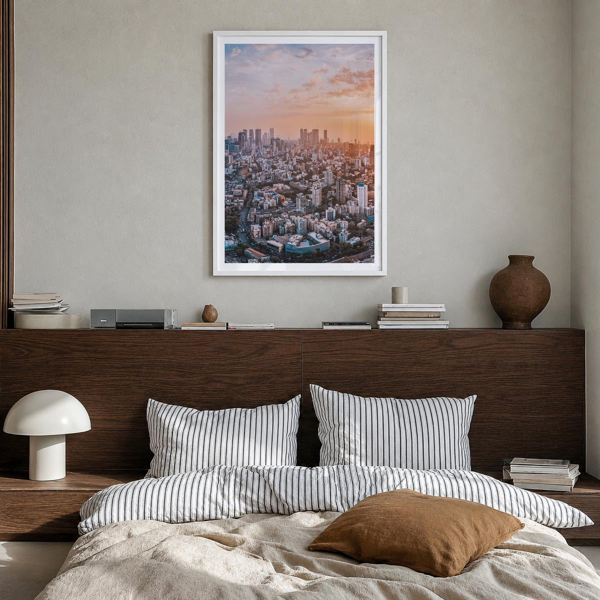 Mumbai no. 1 colorful photo poster of India – vertical wall art in white wood frame with white border, hanging on wall