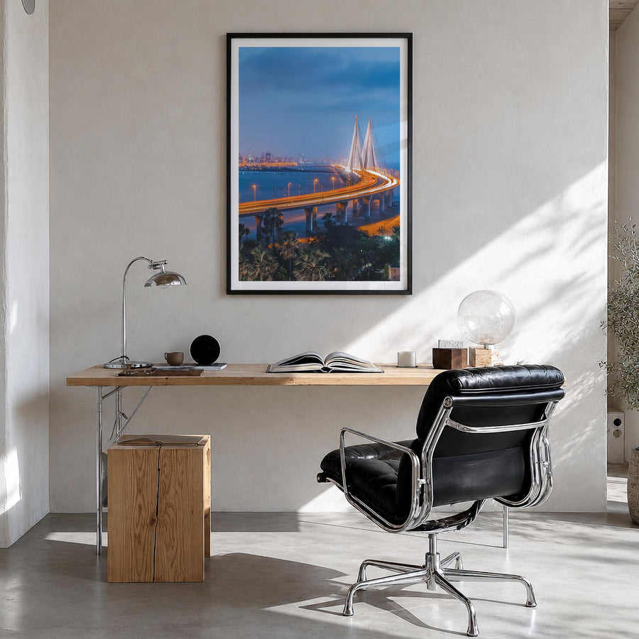 Mumbai no. 2 colorful photo poster of India – vertical wall art in black wood frame with white border, hanging on wall