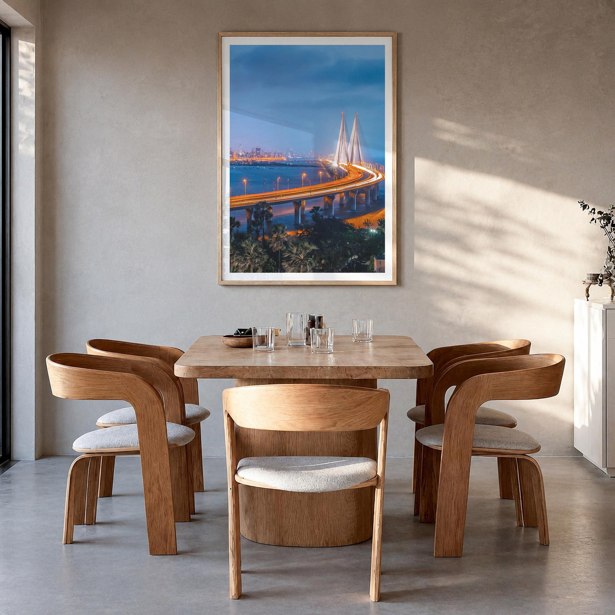 Mumbai no. 2 colorful photo poster of India – vertical wall art in natural wood frame with white border, hanging on wall