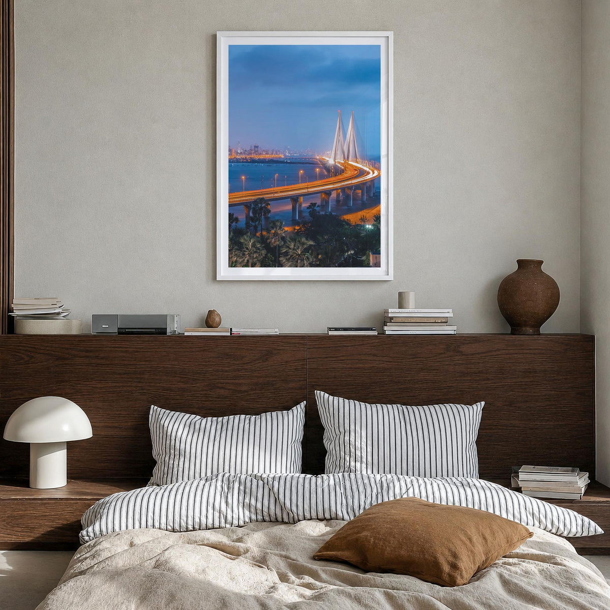 Mumbai no. 2 colorful photo poster of India – vertical wall art in white wood frame with white border, hanging on wall