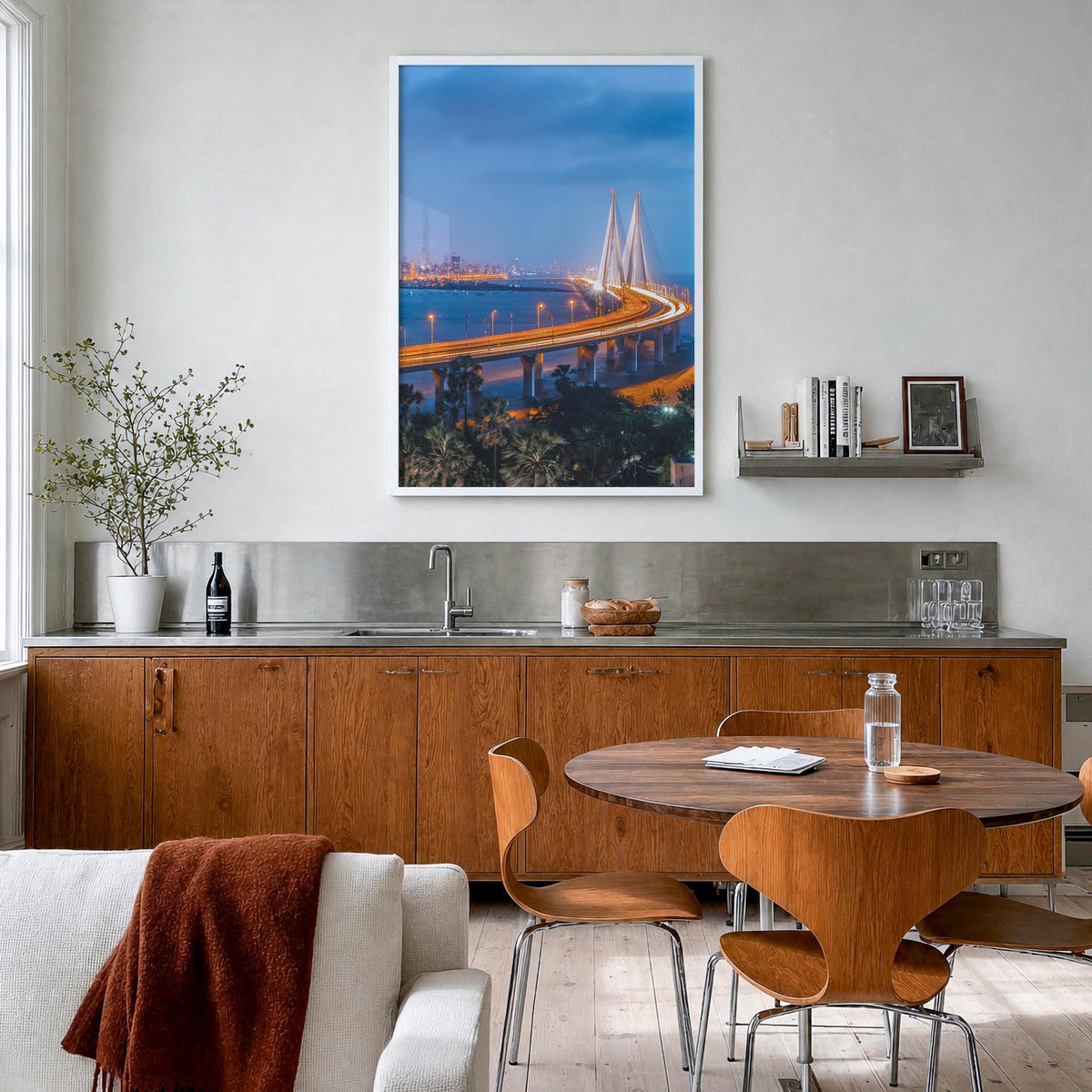 Mumbai no. 2 colorful photo poster of India – vertical wall art in white wood frame, hanging on wall