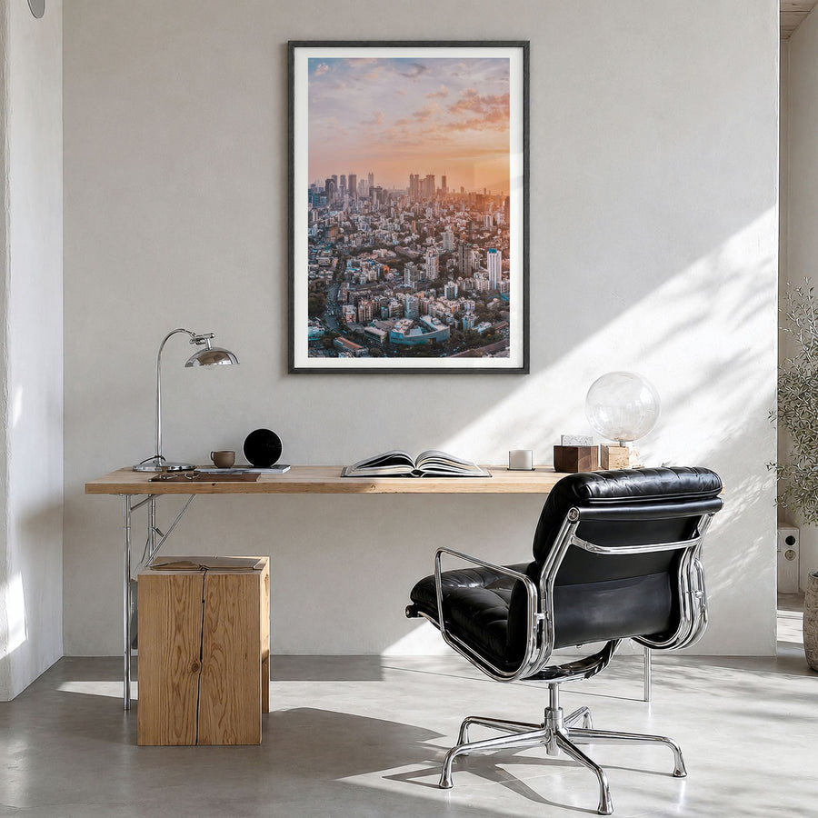 Mumbai Photo No 1 Poster in a black wood frame, hanging in a bright home office, white border