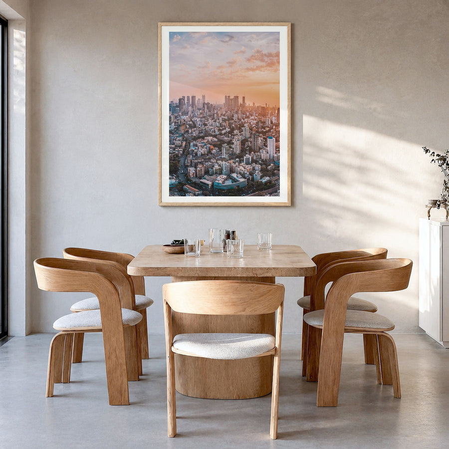 Mumbai Photo No 1 Poster in a natural wood frame, hanging in a dining room, white border