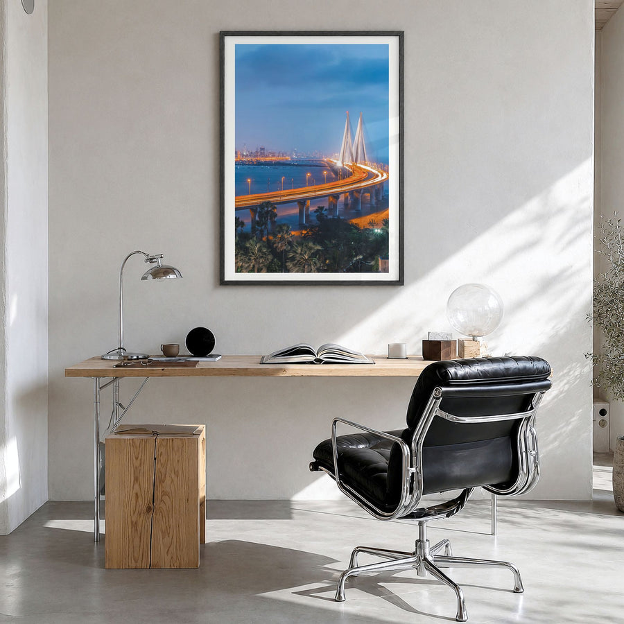 Mumbai Photo No 2 Poster in a black wood frame, hanging in a bright home office, white border