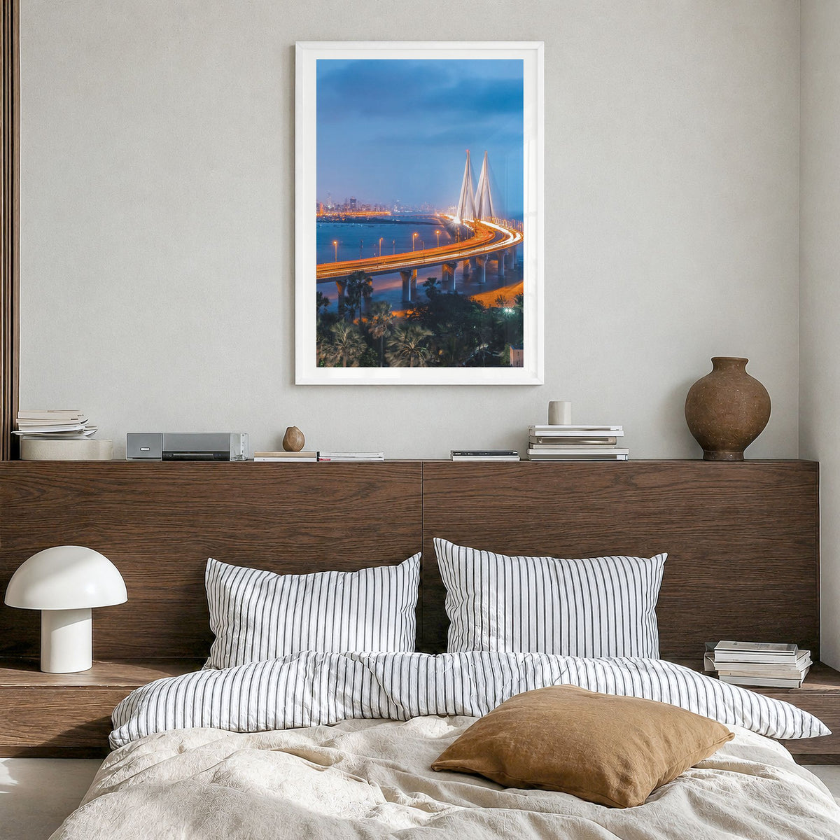Mumbai Photo No 2 Poster in a white wood frame, hanging in a bedroom, white border