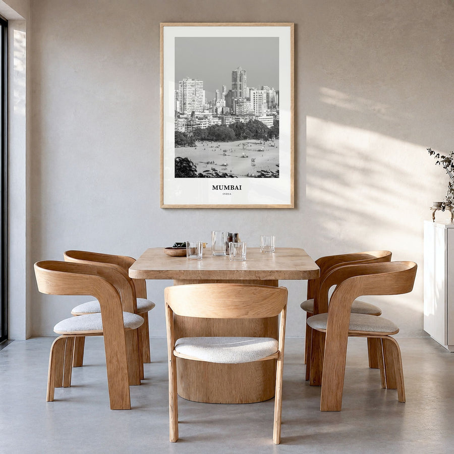 Mumbai Classic Poster in a natural wood frame, hanging in a dining room