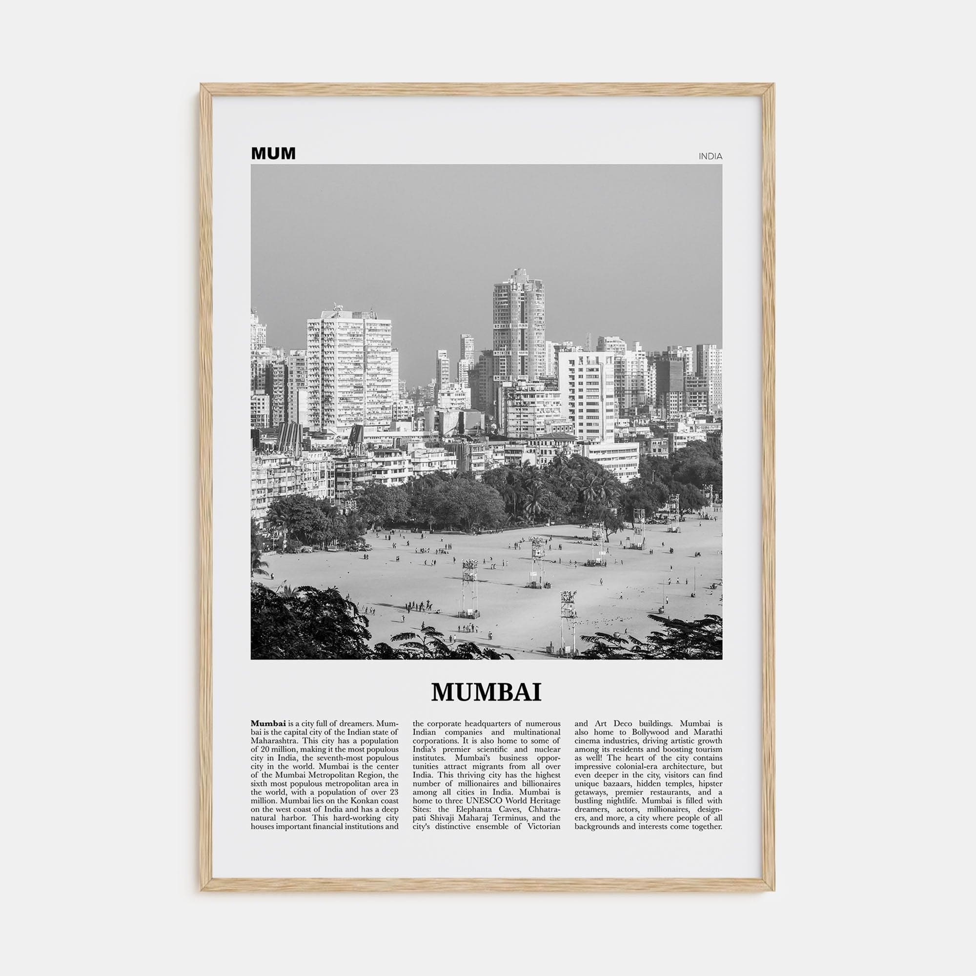 Mumbai Poster Natural Wood / 8x12 in Nbourhood Travel B&W Poster