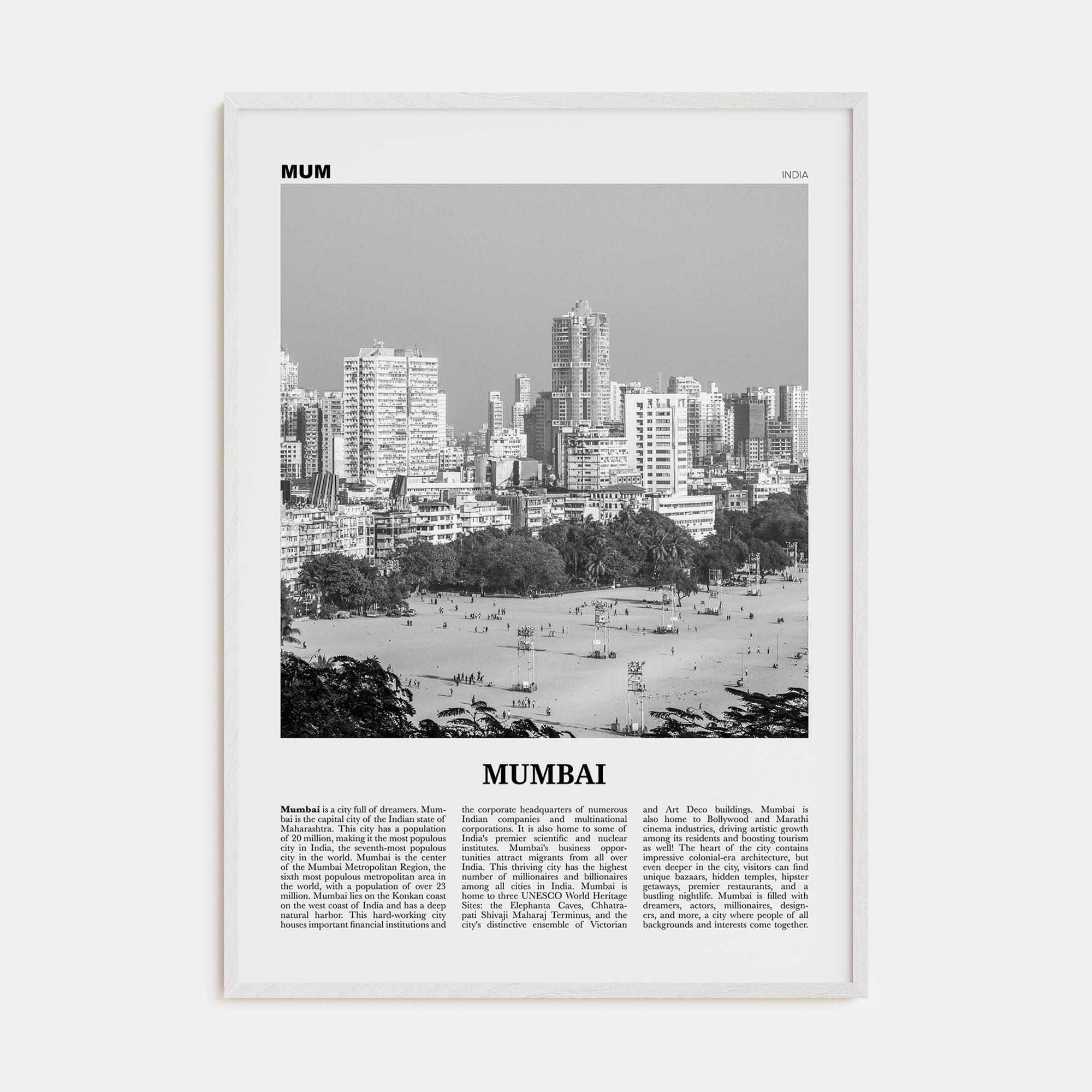 Mumbai Poster White Wood / 8x12 in Nbourhood Travel B&W Poster