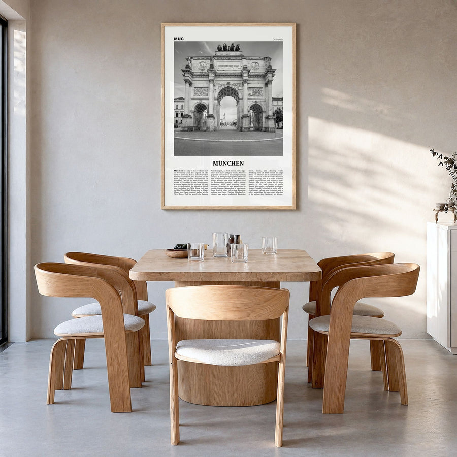München Newspaper Poster in a natural wood frame, hanging in a dining room