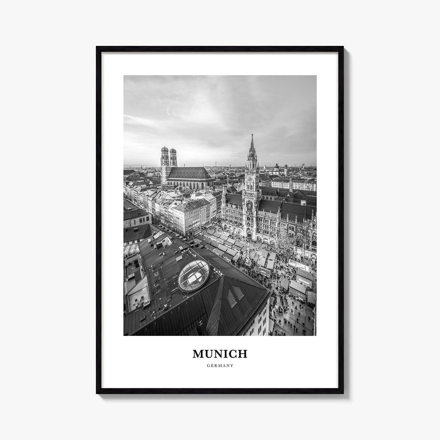 Munich black & white classic poster of Germany – vertical wall art, unframed print shown in interior mockup