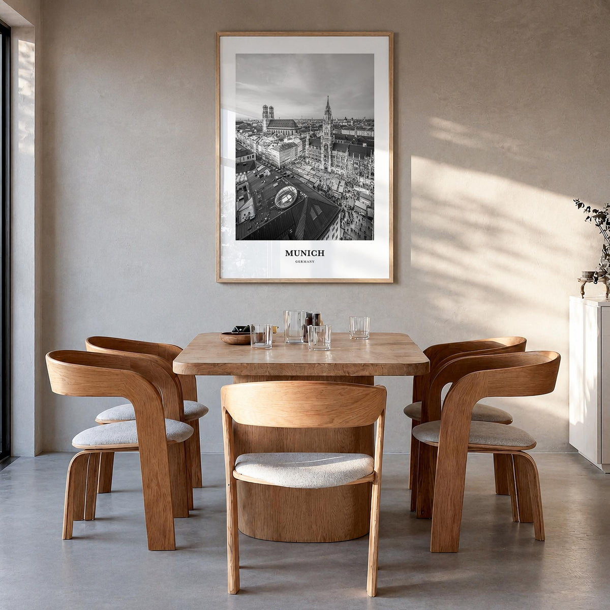 Munich black & white classic poster of Germany – vertical wall art in natural wood frame, hanging on wall