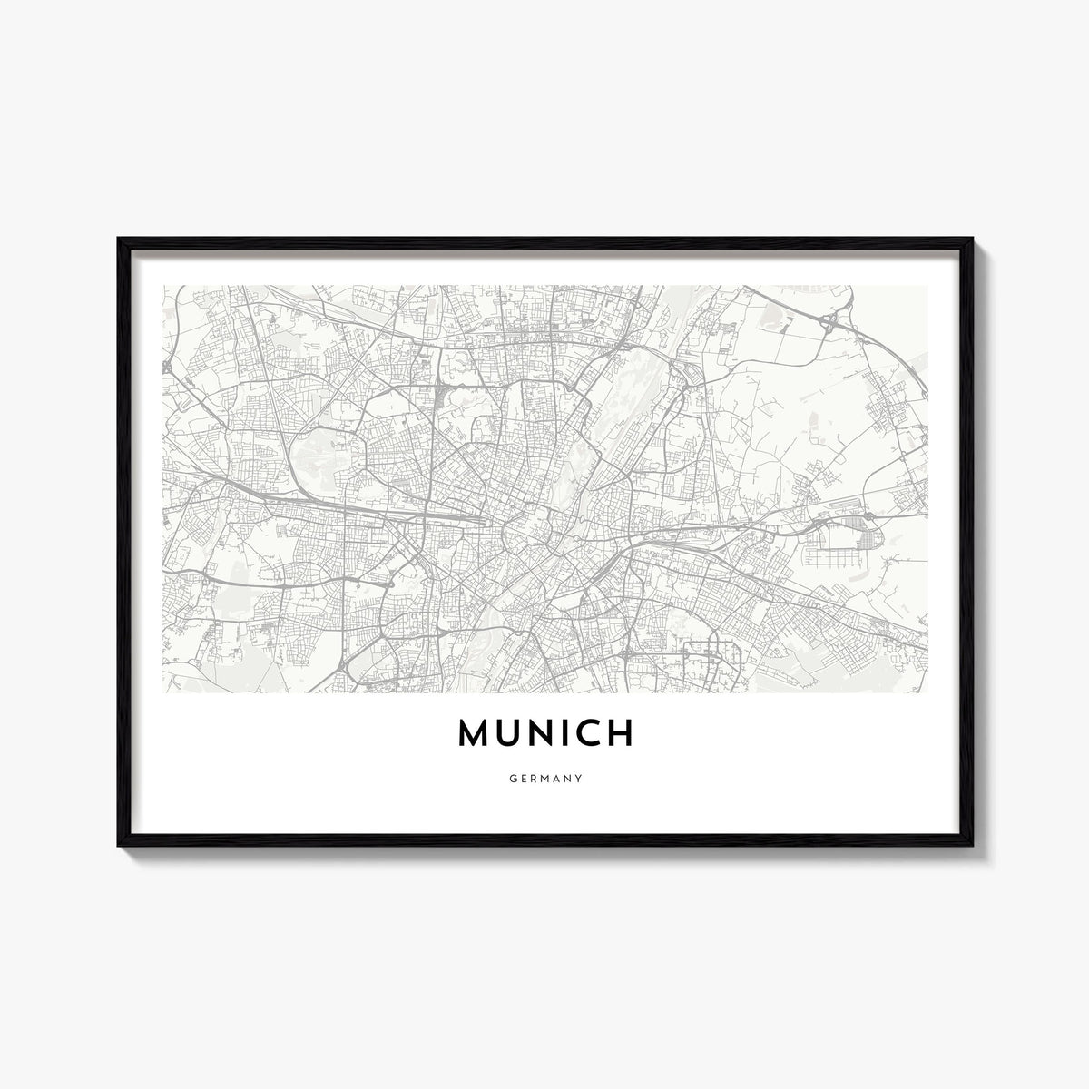 Munich black & white map poster of Germany – horizontal wall art, unframed print shown in interior mockup