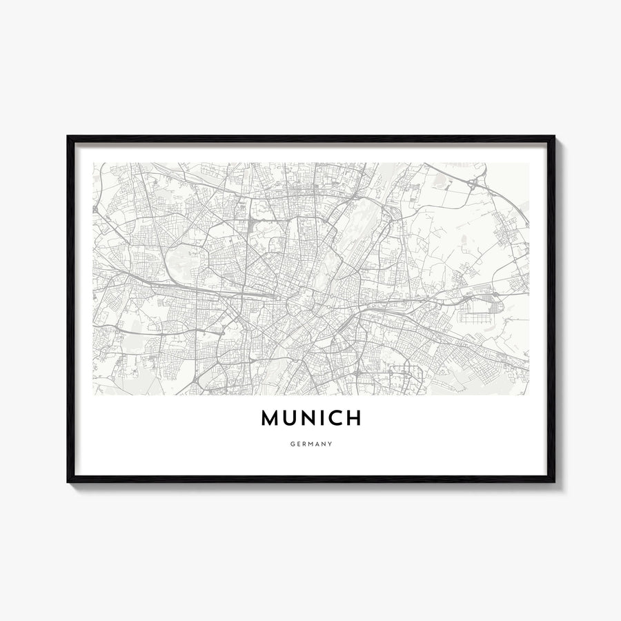 Munich black & white map poster of Germany – horizontal wall art, unframed print shown in interior mockup