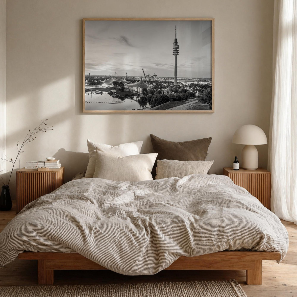 Munich black & white photo poster of Germany – horizontal wall art in natural wood frame, hanging on wall