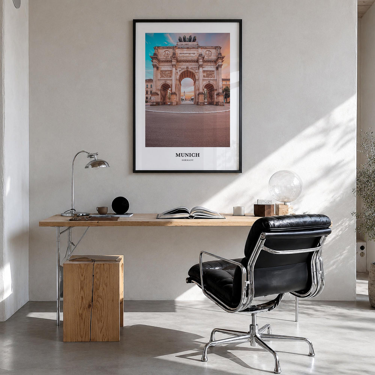 Munich colorful classic poster of Germany – vertical wall art in black wood frame, hanging on wall