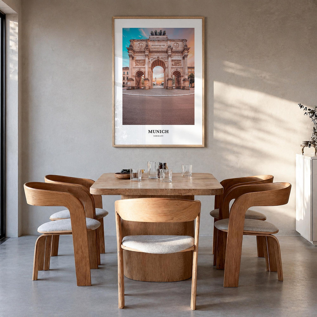 Munich colorful classic poster of Germany – vertical wall art in natural wood frame, hanging on wall