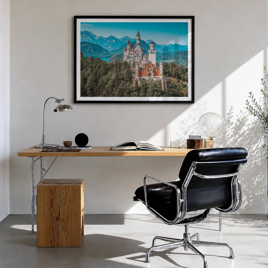 Munich colorful photo poster of Germany – horizontal wall art in black wood frame with white border, hanging on wall