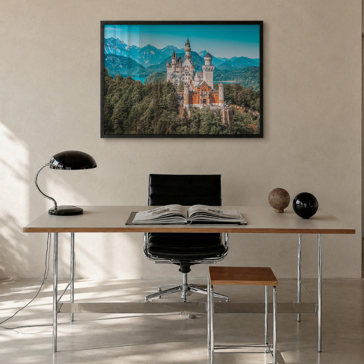 Munich colorful photo poster of Germany – horizontal wall art in black wood frame, hanging on wall