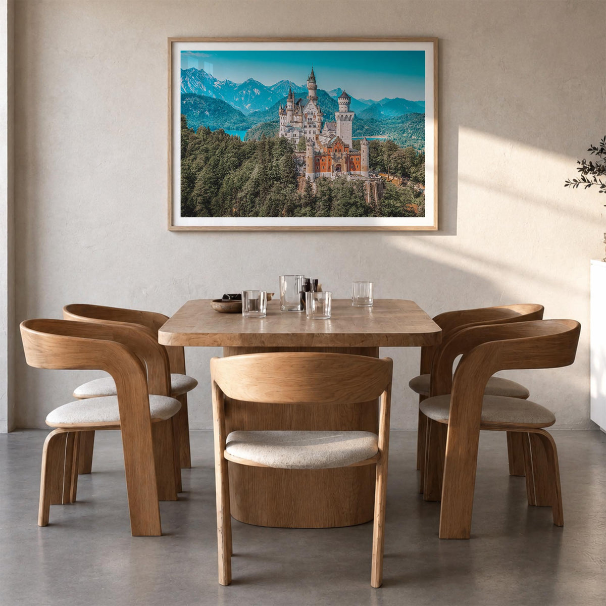 Munich colorful photo poster of Germany – horizontal wall art in natural wood frame with white border, hanging on wall