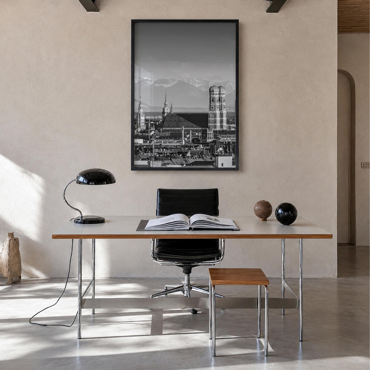 Munich no. 1 black & white photo poster of Germany – vertical wall art in black wood frame, hanging on wall