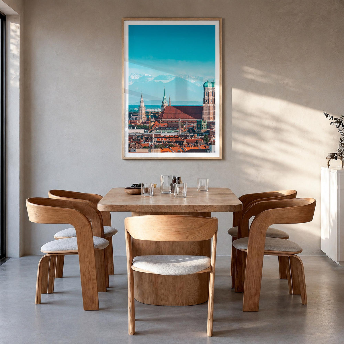 Munich no. 1 colorful photo poster of Germany – vertical wall art in natural wood frame with white border, hanging on wall