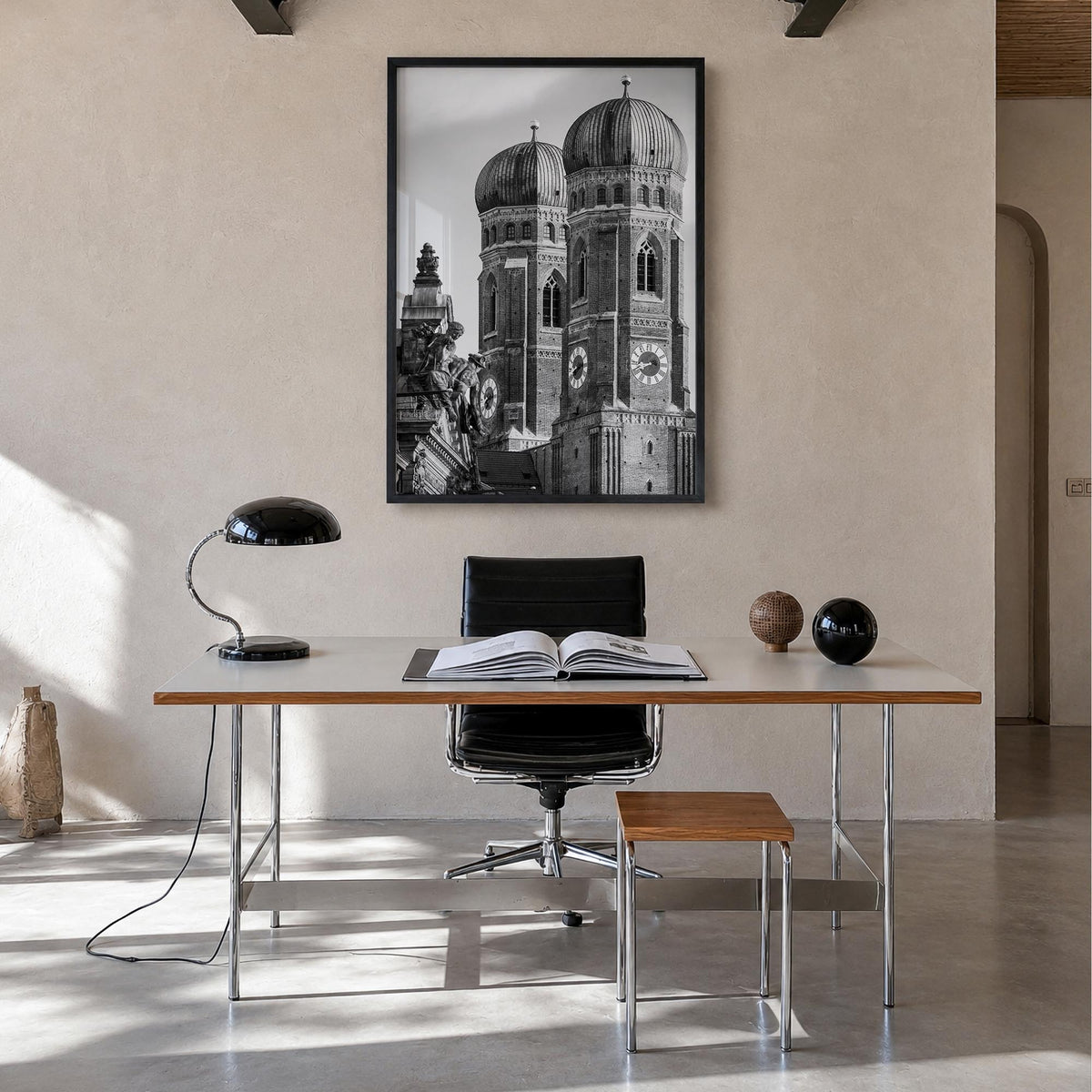 Munich no. 2 black & white photo poster of Germany – vertical wall art in black wood frame, hanging on wall