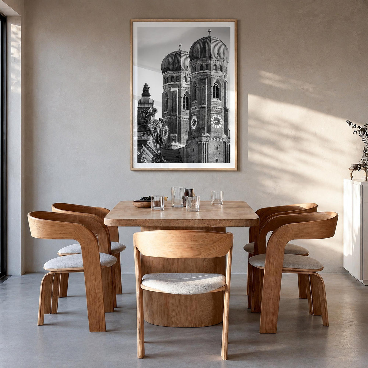 Munich no. 2 black & white photo poster of Germany – vertical wall art in natural wood frame with white border, hanging on wa