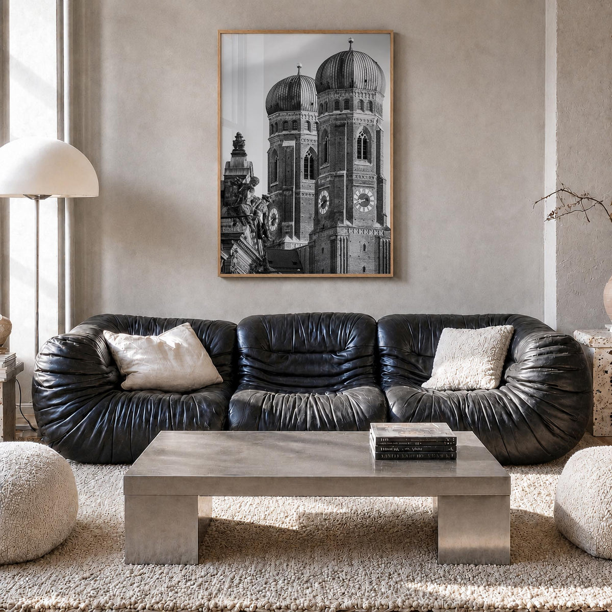 Munich no. 2 black & white photo poster of Germany – vertical wall art in natural wood frame, hanging on wall