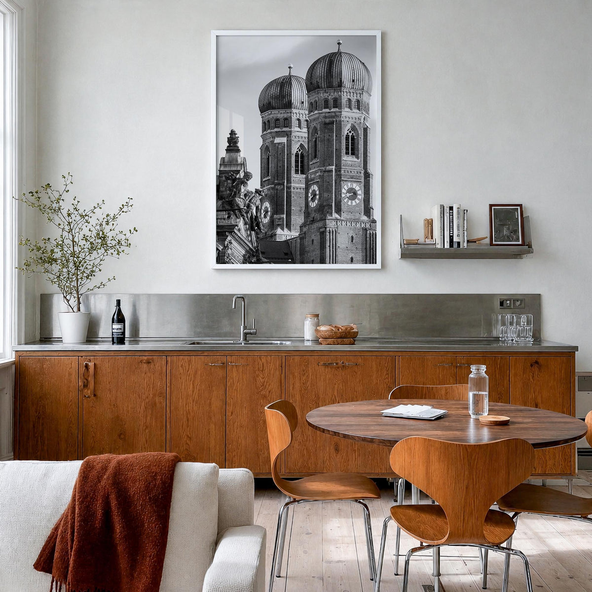 Munich no. 2 black & white photo poster of Germany – vertical wall art in white wood frame, hanging on wall