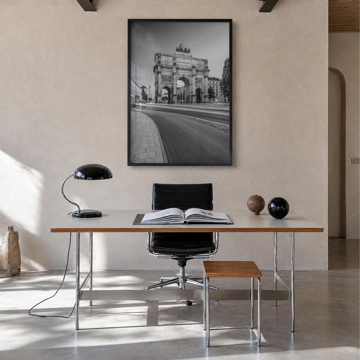 Munich no. 3 black & white photo poster of Germany – vertical wall art in black wood frame, hanging on wall