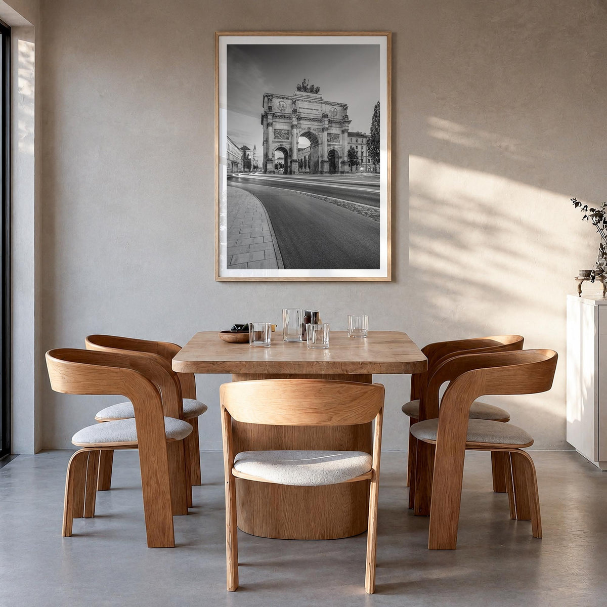 Munich no. 3 black & white photo poster of Germany – vertical wall art in natural wood frame with white border, hanging on wa