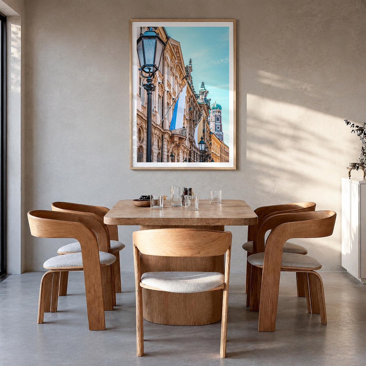 Munich no. 3 colorful photo poster of Germany – vertical wall art in natural wood frame with white border, hanging on wall