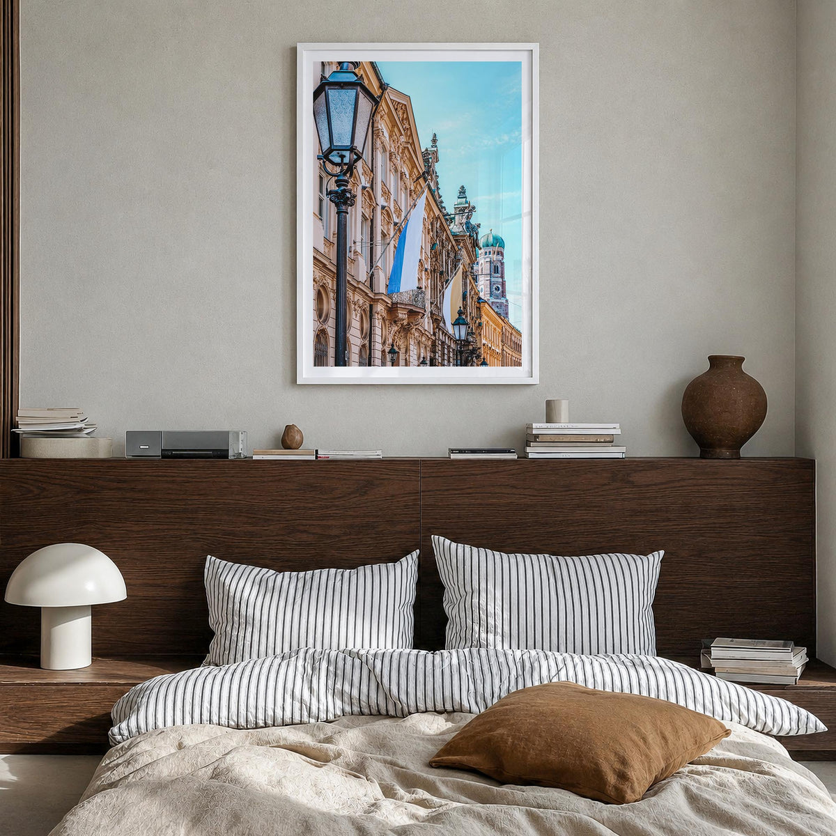 Munich no. 3 colorful photo poster of Germany – vertical wall art in white wood frame with white border, hanging on wall