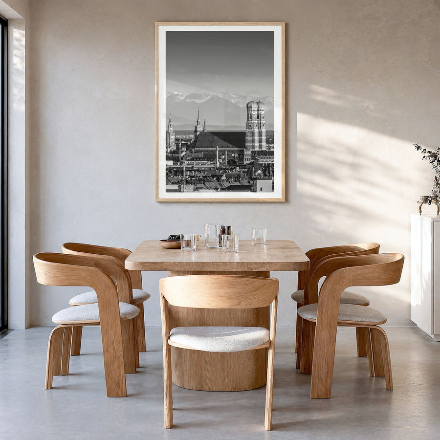 Munich Photo No 1 Poster in a natural wood frame, hanging in a dining room, white border