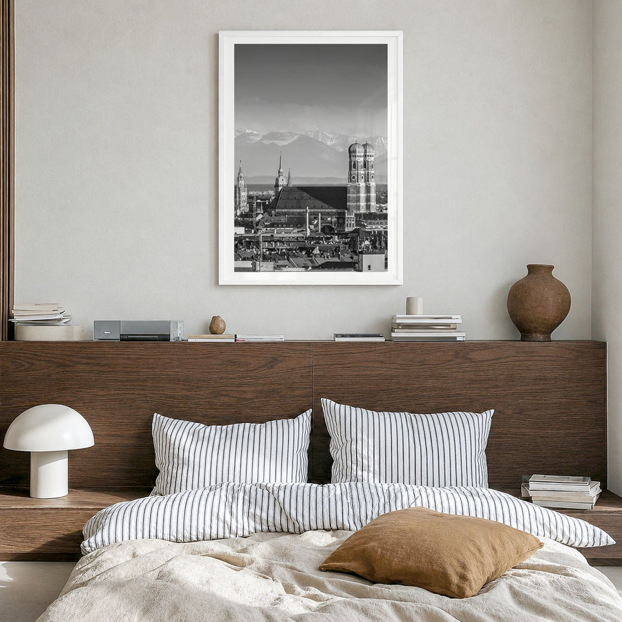 Munich Photo No 1 Poster in a white wood frame, hanging in a bedroom, white border