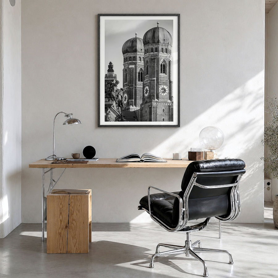 Munich Photo No 2 Poster in a black wood frame, hanging in a bright home office, white border