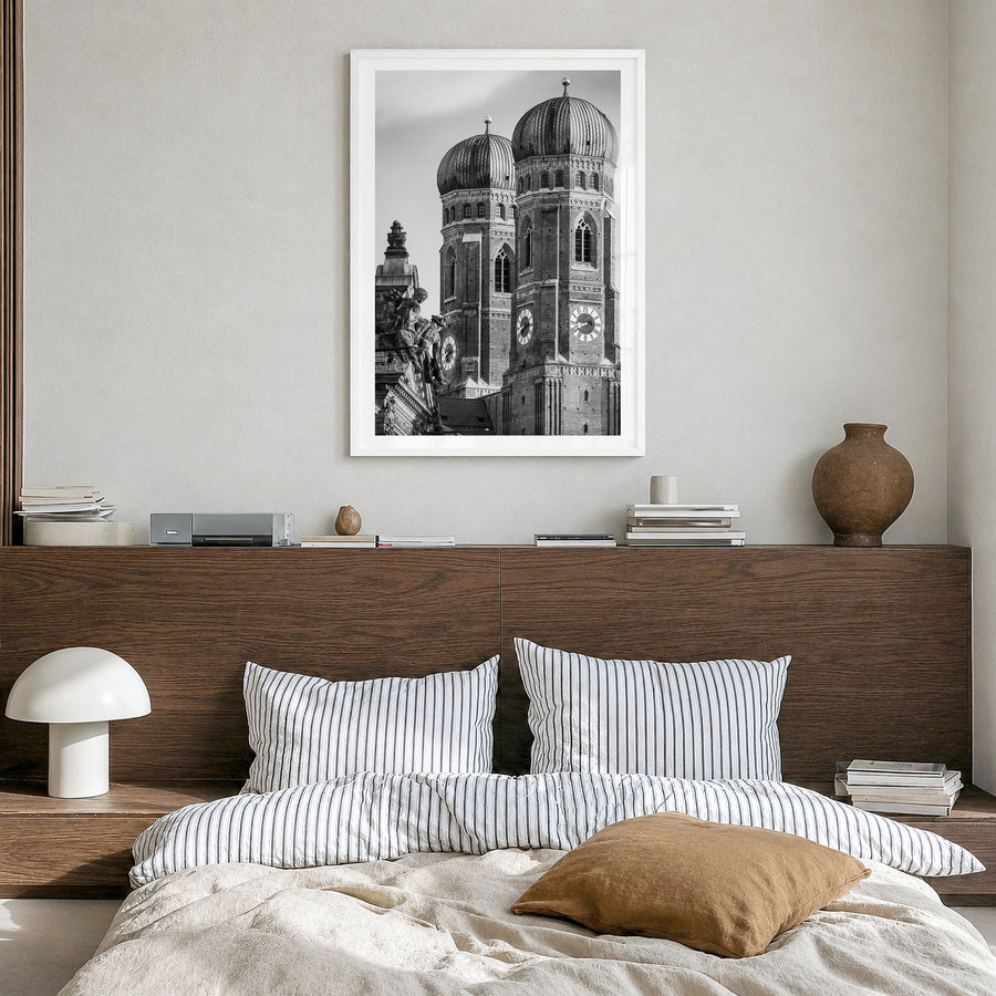 Munich Photo No 2 Poster in a white wood frame, hanging in a bedroom, white border
