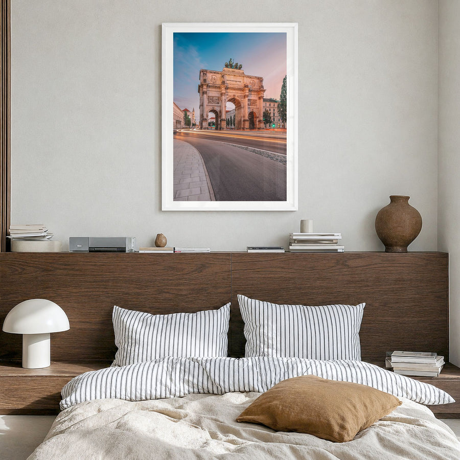 Munich Photo No 2 Poster in a white wood frame, hanging in a bedroom, white border