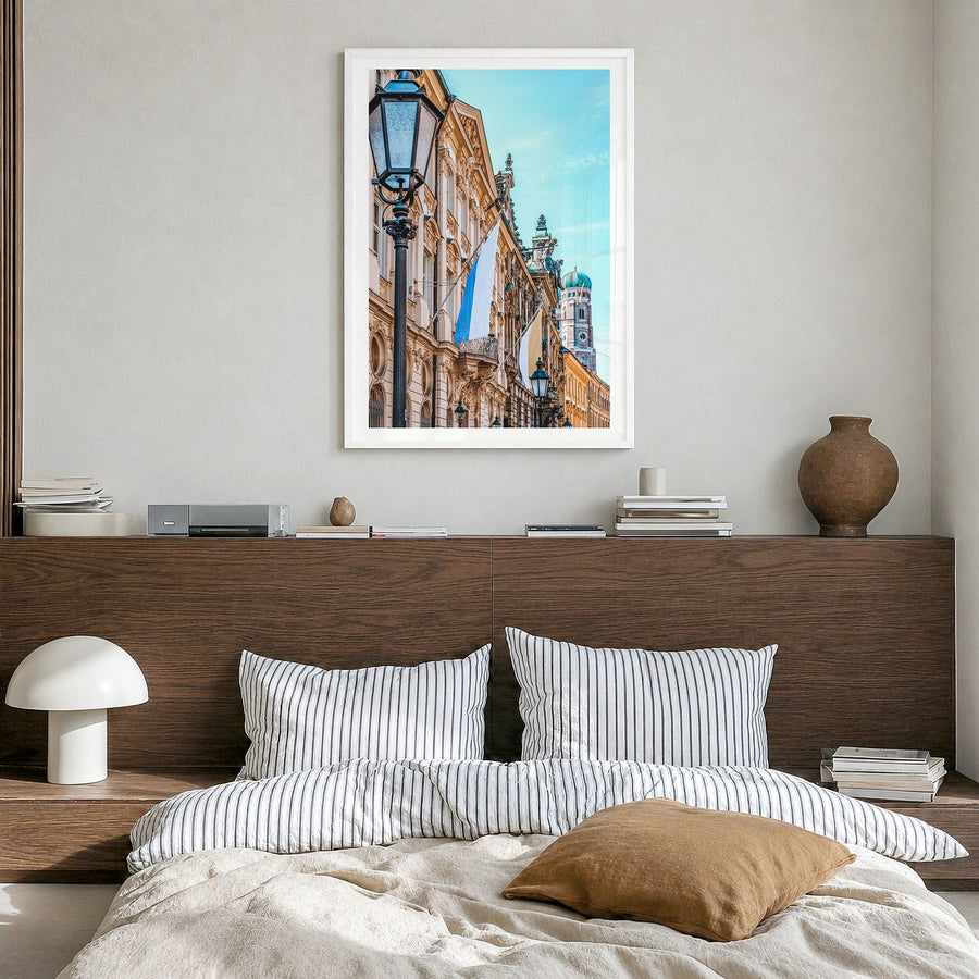 Munich Photo No 3 Poster in a white wood frame, hanging in a bedroom, white border