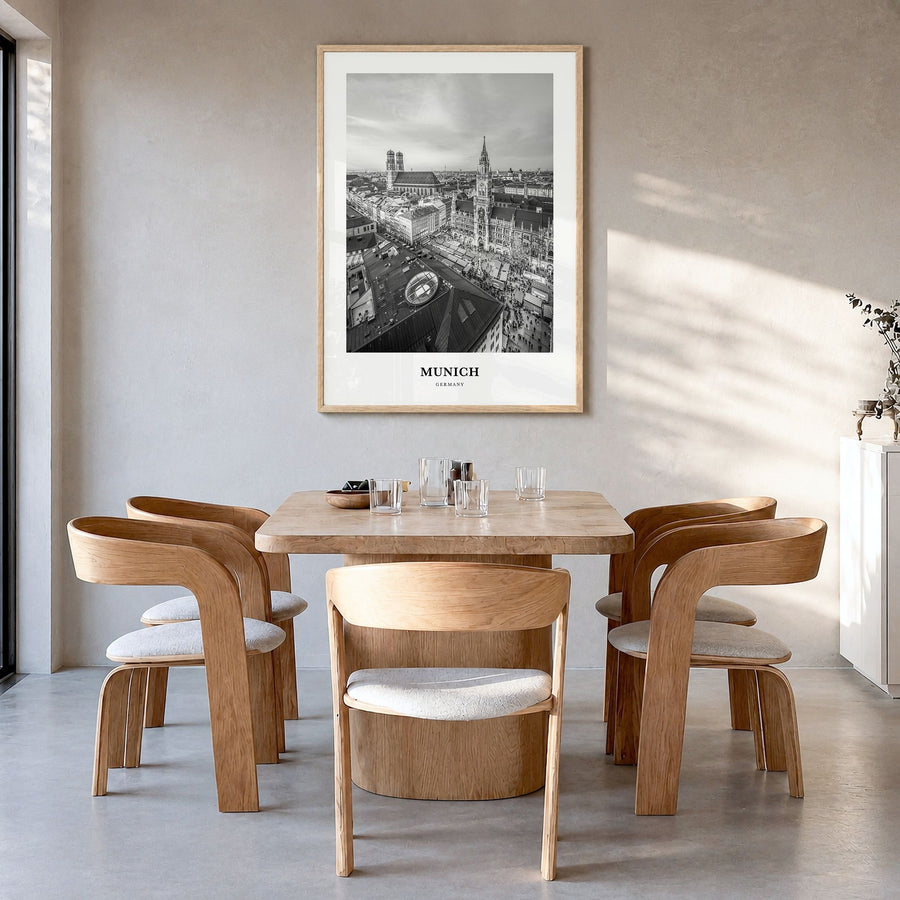 Munich Classic Poster in a natural wood frame, hanging in a dining room