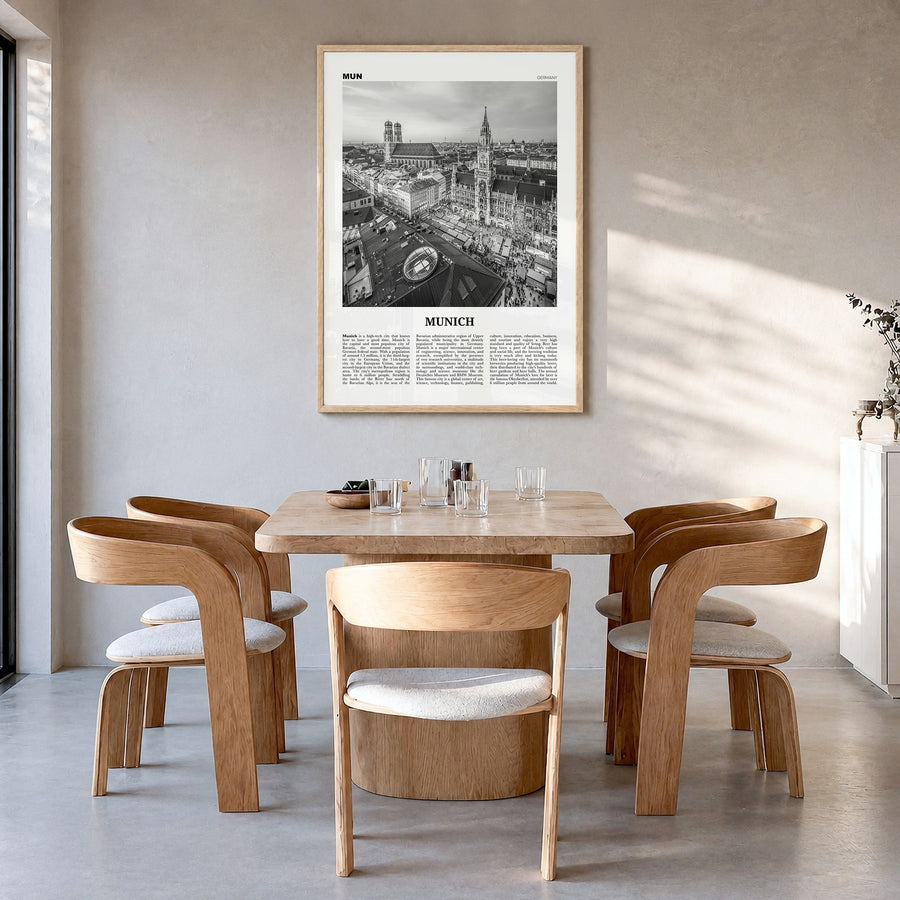 Munich Newspaper No 1 Poster in a natural wood frame, hanging in a dining room
