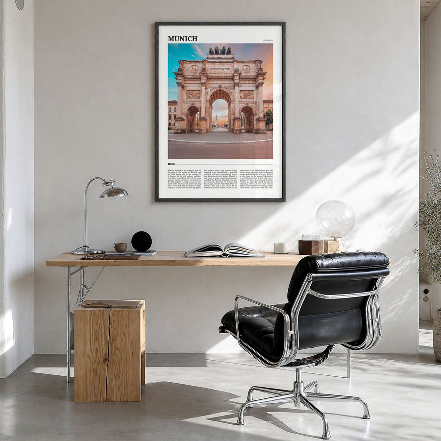 Munich Travel Poster in a black wood frame, hanging in a bright home office