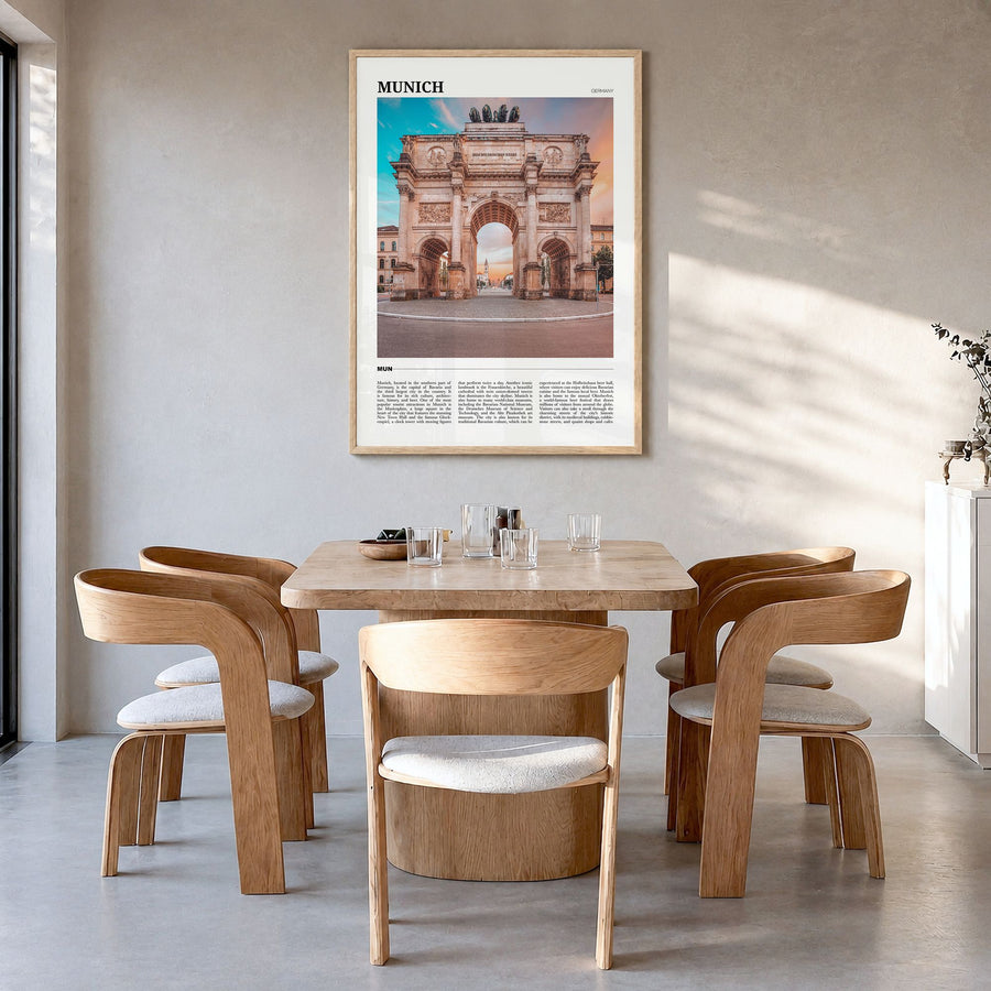 Munich Travel Poster in a natural wood frame, hanging in a dining room